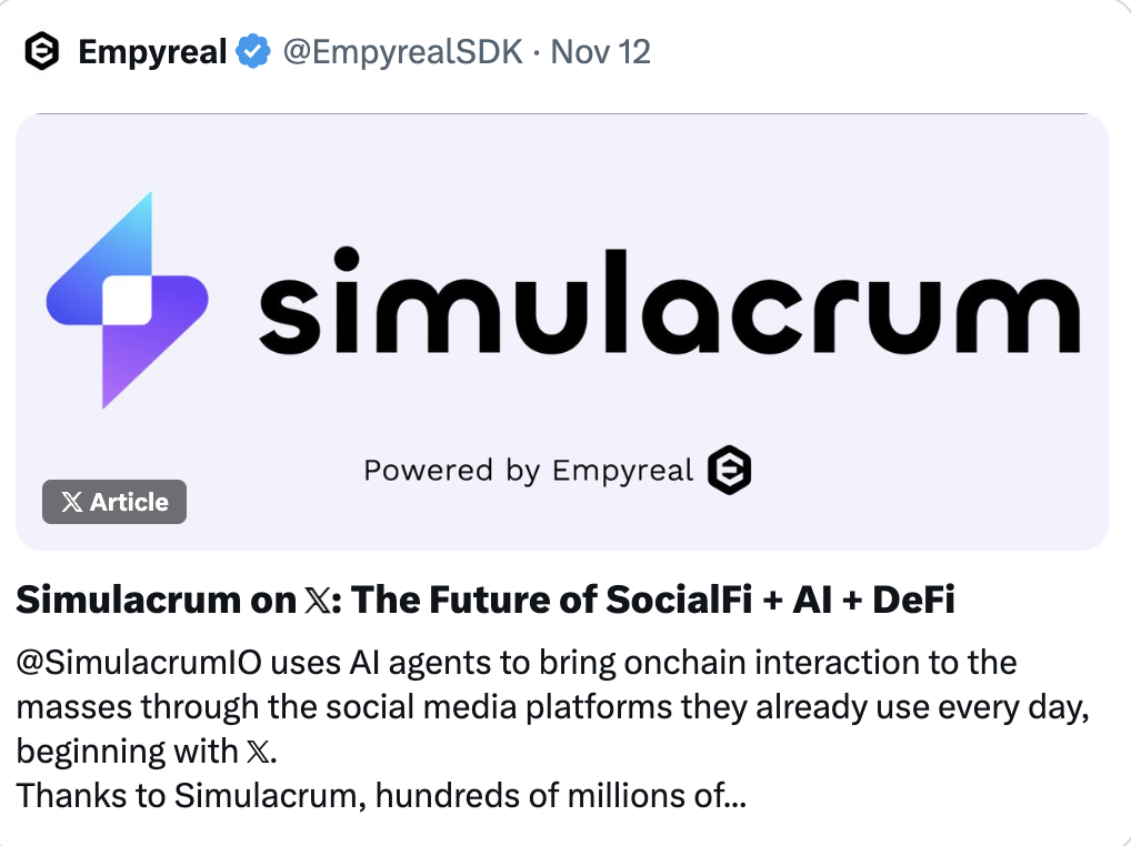 一文读懂Simmi和Empyereal:AI Agent新热点,用社媒账号直接进行链上代币操作